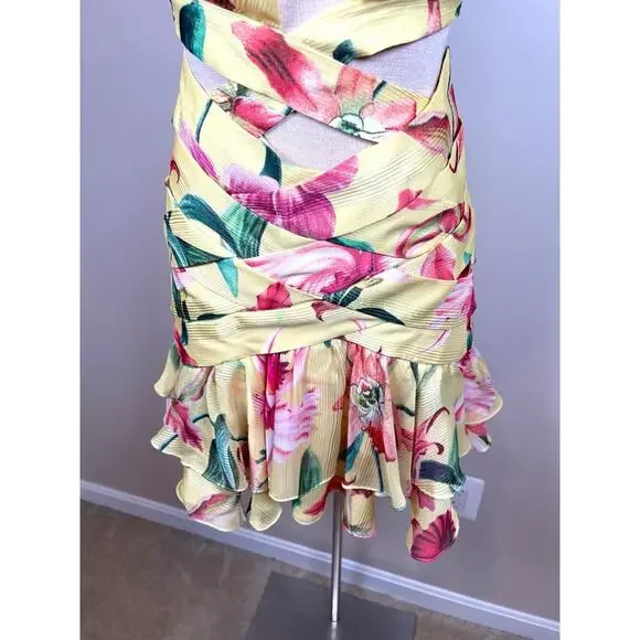 PATBO Laelia Cutout Floral Halterneck Criss Cross Yellow Mini Dress Size 4 - Picture 5 of 8